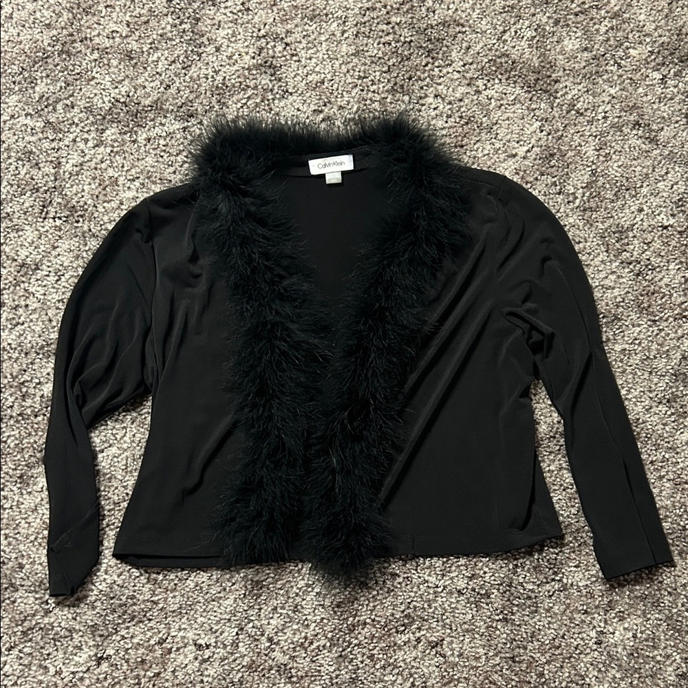 Calvin Klein Black Feather-Trim Open Cardigan